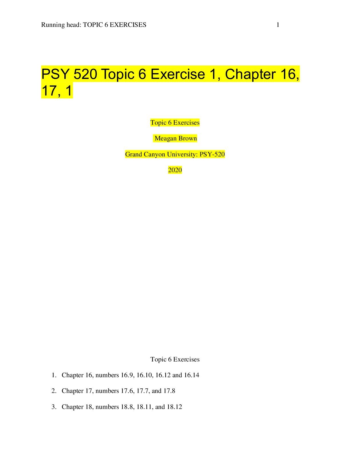 Preview image of PSY 520 Topic 6 Exercise 1, Chapter 16, 17, 18 document